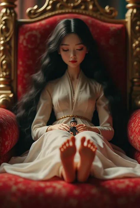 atiny doll is cleaning a korean girls feet while shes resting on queens chair with black nails