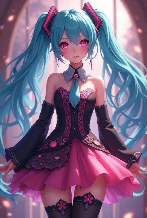 Hatsune Miku wearing a pink and black dress with black boots and pink eyes