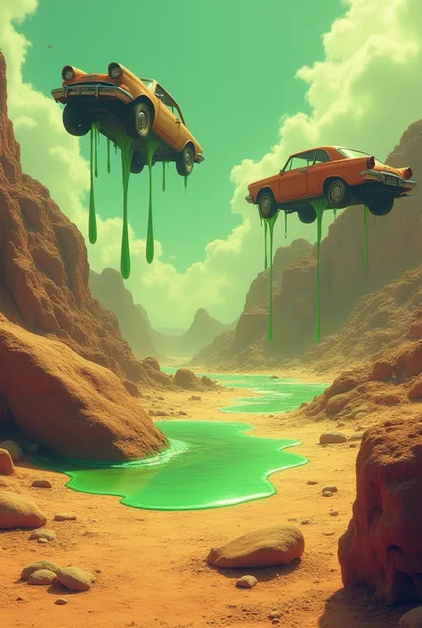 In a desert, rocks and cars are rubbing in the sky with lots of green slime coming out of the ground in a hot environment.