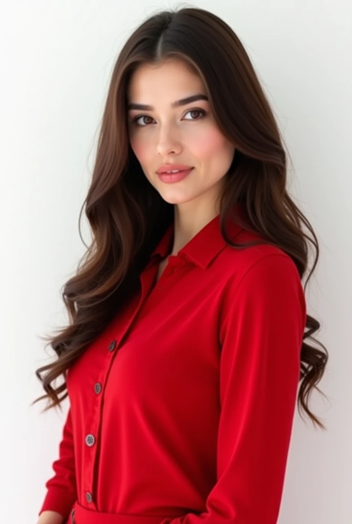 photo of a young white woman ***** woman with long dark brown hair wearing red clothes. She has a professional look and looking at the camera with her full figure in the frame. The white background The image has soft lighting image is in high definition. 