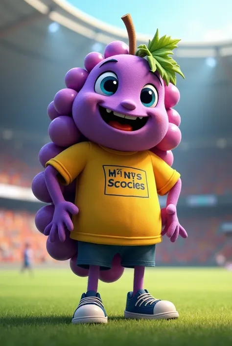 Club mascot with a bunch of grapes made of balls dressed in a yellow t-shirt