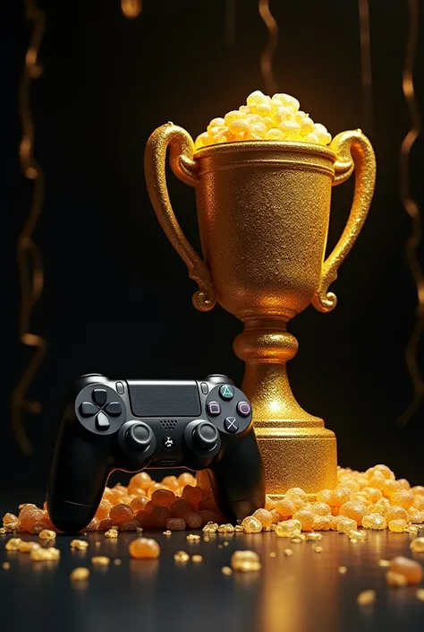 An image depicting a PlayStation console controller on a gold and black background next to a huge trophy covered in golden candy.