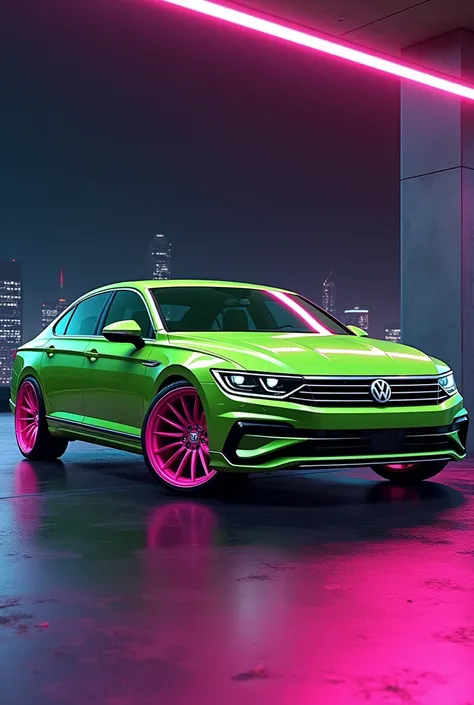 VW Passat in neon green with neon pink rims 