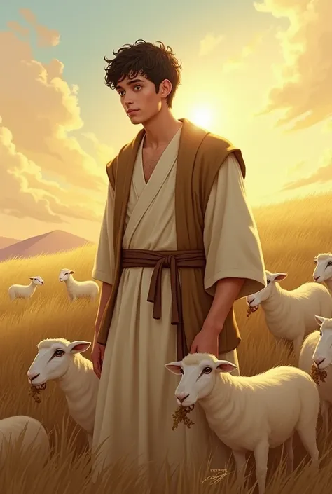  The Shepherd Boy

Davi was the youngest son in a large family., with many brothers .  While his brothers were working on other things ,  David had a very important mission :  taking care of the family's sheep .  He spent his days in the fields ,  singing ...