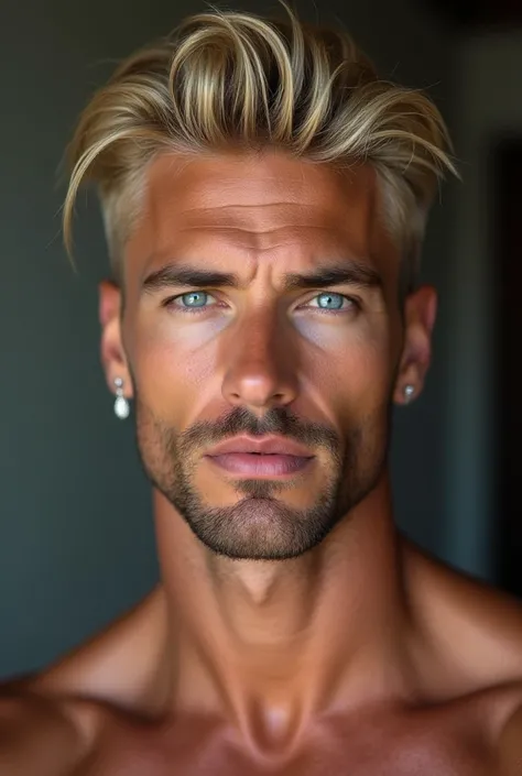  Creste an 8k image.Rael Costa, white skin with a tan tone, average build, American cut blonde hair, blue clear eyes, straight nose, beard, well-defined and elegant masculine aesthetic, diamond earring in the left ear.