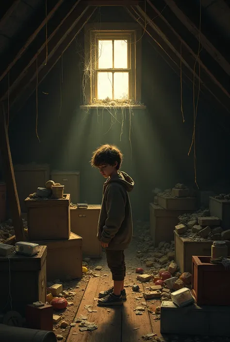 A dimly lit, dusty attic filled with cobwebs, old wooden boxes, and scattered hood toys. A teenager with messy hair and curious eyes is rummaging through a pile of old items. The light from a single small window casts a golden glow.