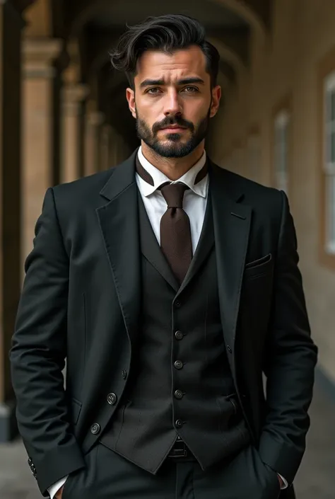  Handsome man in his 30s with dark hair with a short beard and a good body ,  dressed in a formal suit  ( dieselpunk style ) besando a hombre guapo en sus 40 de de pelo rubio gris con barba corta y cuerpo atletico  dressed in a formal suit  ( dieselpunk st...