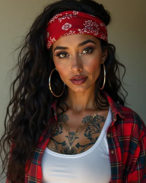 Make the image of a Chicana woman Chola Ruda,   with white sleeveless t-shirt, On top of a checkered shirt, A bandana on the head,  with tattoos, eyes with a deep black outline , deep wine lips ,   long straight hair, .  long straight hair ,  Hair between ...