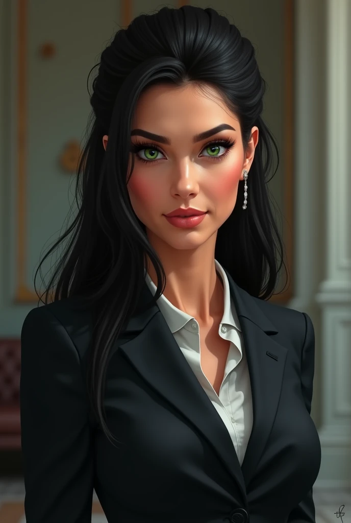 woman with black hair up to the waist with green eyes Latin features with a striking look defined body with law intern clothing