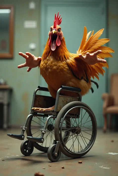 Chicken sitting in a wheelchair jumps and kicks Knuckles in the face