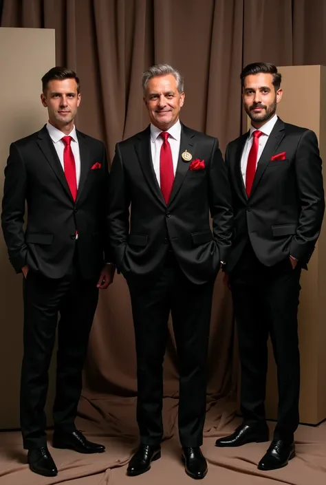  a picture of three elegant handsome men wearing red ties, He wears a black suit with a gold pin on his breast pocket ,  with a background of blocks and drapes as if in a studio 