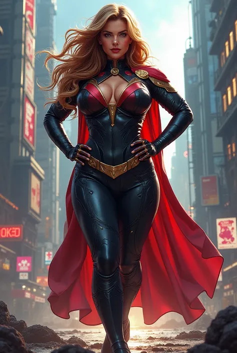 Busty voluptuous super heroine. She has her hands on her hips