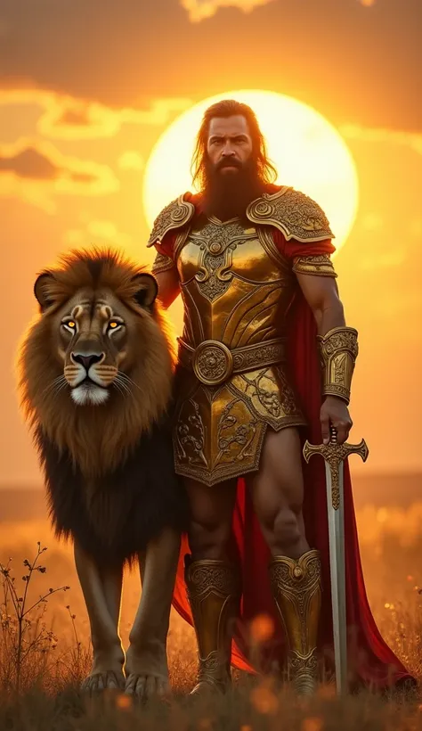 A regal and commanding warrior embodying the Leo zodiac, standing proudly in the center of a sunlit savanna. The figure is clad in majestic golden armor with intricate lion motifs across the chest plate, pauldrons shaped like roaring lion heads, and a flow...