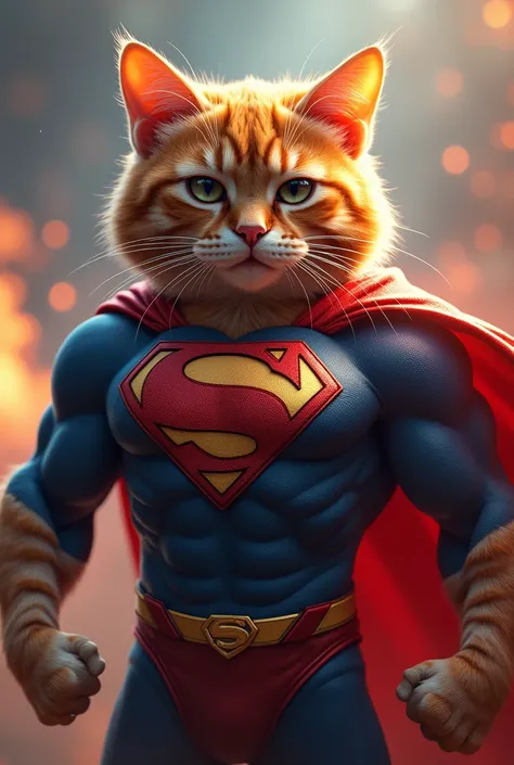 Create a pumped-up cat with Superman clothes 