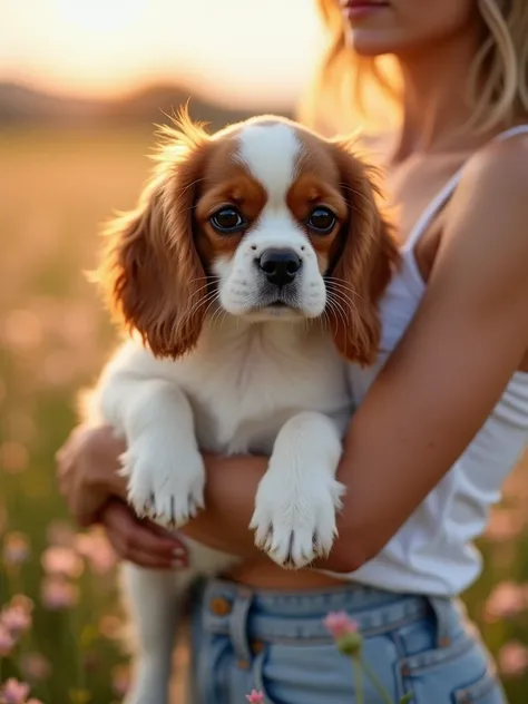 Close-up , a female Cavalier King Charles Spaniel with realistic hair in light caramel brown and white, In the arms of a sexy woman with blond hair Bob Cut , wearing white top with thin straps and short and tight light denim shorts ,  she has well-done and...