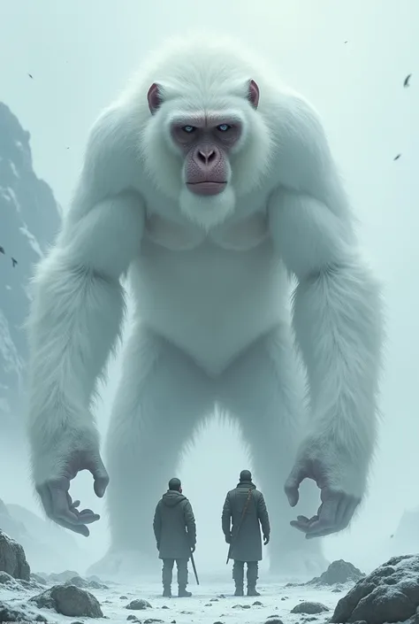 a two man standing with big white monkey in cold area