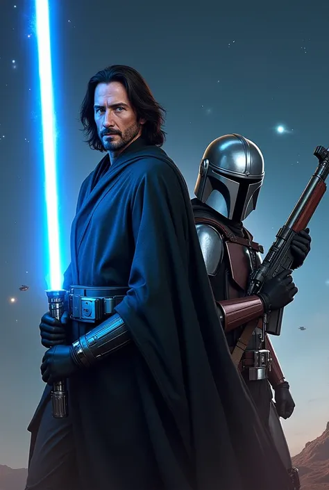 Star Wars Cover. 

 The character Revan has a blue lightsaber in her hand and has the face of Keanu Reeves. 


Standing next to him is a female mandalorean with a laser sniper rifle .

