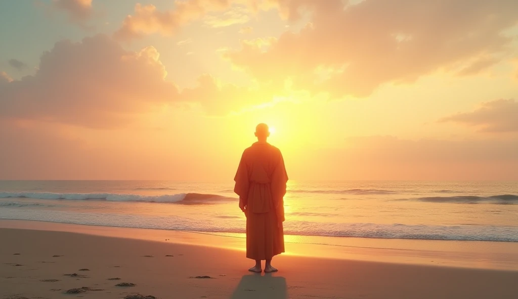 A Buddhist monk looking at the horizon on an empty beach, with the rising sun behind him. Warm light surrounds your figure, creating an atmosphere of hope and renewal as you reflect on its purpose.