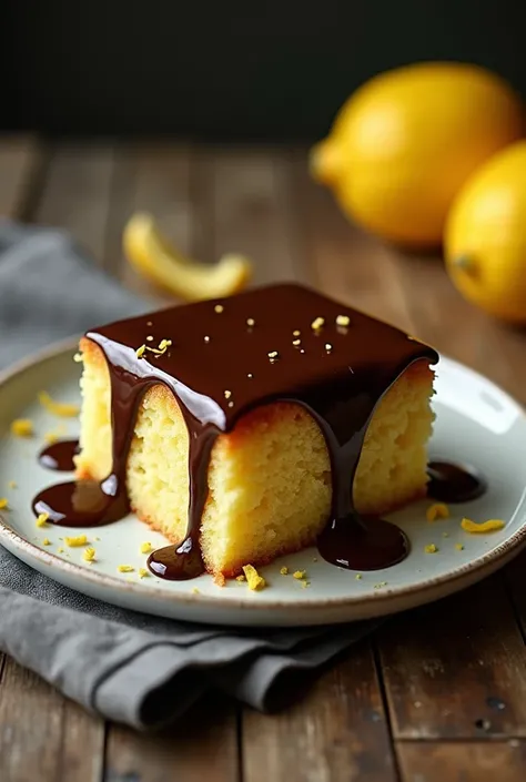 Create a realistic macro photo image in 4k of a plate with lemon cake with dripping chocolate coating the setting is a poor table 