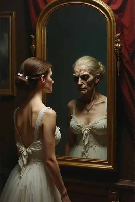 Beautiful woman looking in the mirror and in the mirror there is a deformed monster 