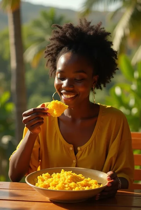 A young woman eating yellow food in Africa 