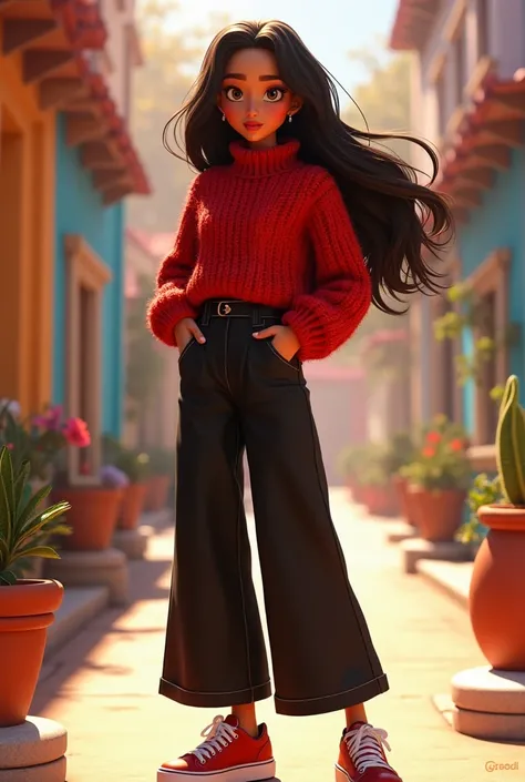 Pixar-style poster of a 30-year-old girl with long dark brown hair with dark brown eyes dressed in wide-leg black pants and a red knitted sweater with wide-soled sneakers,  brown skin