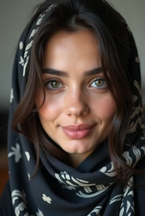  There is a woman wearing a black and white scarf and a black and white scarf, a picture inspired by Fathi Hassan,  Instagram, Messages,  30-year-old woman ,  is a 30-year-old woman, Farida Malik ,  A picture of a ,  face with a delicate ,  Close up the fa...