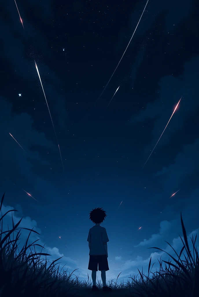 Dark sky, shooting stars, anime 2d a boy stand