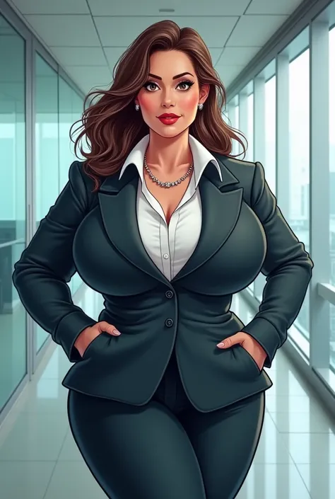 Woman with massive boobs showing out of her business suit