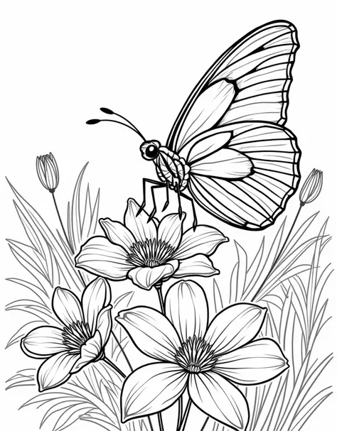 A black and white big and bold outline illustration of a zoomed-in view of a butterfly resting on a cluster of wildflowers, with bold flower petals and detailed butterfly wings filling the entire page. no white space on the page. LINE ART, coloring page, n...