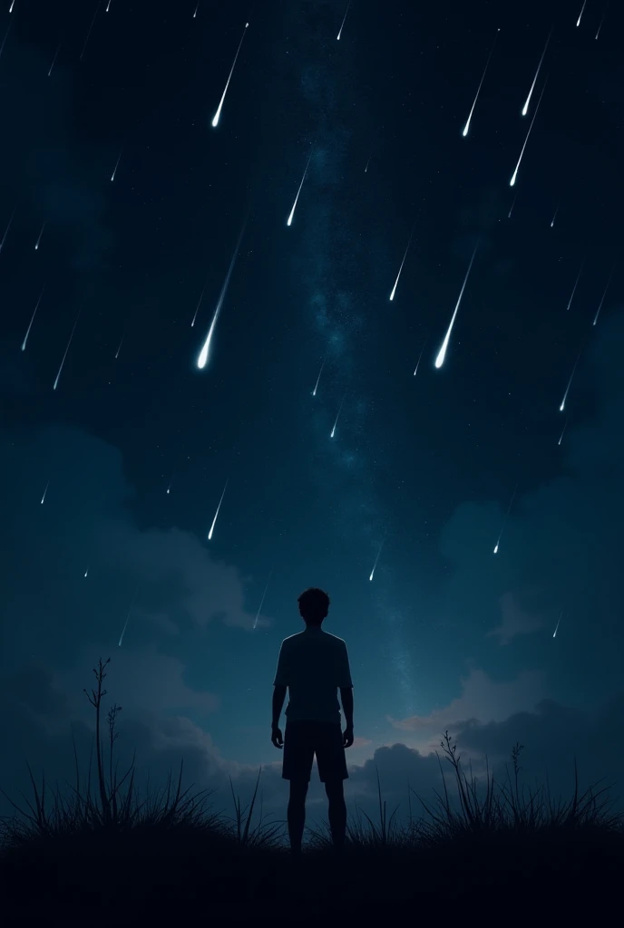 Dark sky, shooting stars, a young man standing,  YouTube size