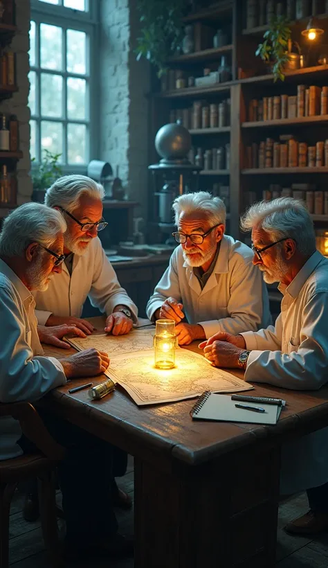 "Four elderly researchers in a detailed 3D illustration, sitting inside a laboratory filled with ancient books, glowing treasure maps, and mysterious artifacts. One is analyzing a treasure map with a magnifying glass, another points at a glowing relic, and...