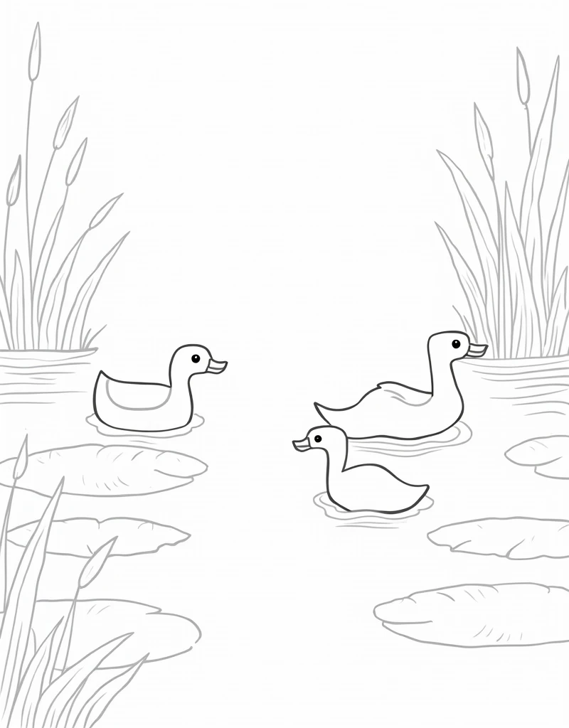 A black and white big and bold outline illustration of a family of ducks swimming in a calm pond, with ripples in the water, large lily pads, and cattails framing the scene. LINE ART, coloring page, no shades, big and bold, no empty white space, full page ...