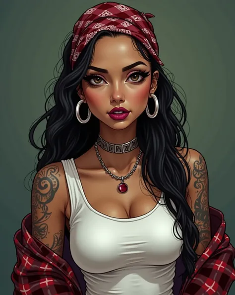 Make the image of a chola rude Chicana woman,   with white sleeveless t-shirt, On top of a checkered shirt, A bandana on the head,  with tattoos, eyes with a deep black outline , deep wine lips ,   long straight hair, .  long straight hair ,  Hair between ...