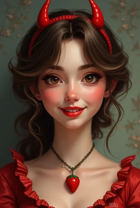 Smiling brunette woman with red devil horns and a necklace with a strawberry, her hair a bit wavy