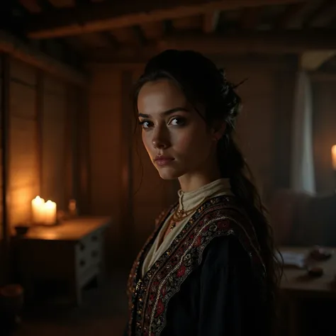 beautiful brunette, Slavic appearance and national costume in dark colors, Night, in the hut, Rus, 10th century ,  cinematic shot 