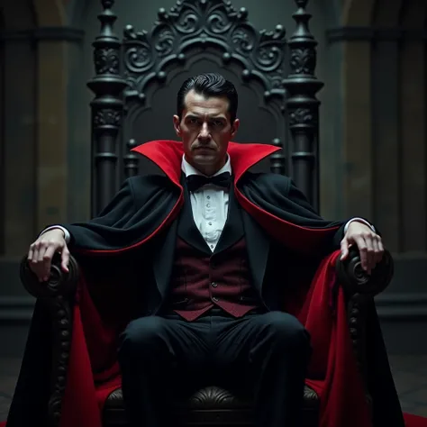 Generate an image of Dracula, characterized by the following features: he wears a robe that is black on the outside and red on the inside, complemented by a distinctively high collar. His expression is serious and straight, exuding an aura of power. Positi...