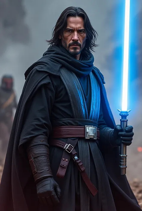 Star Wars Cover. 

 The character Revan has a blue lightsaber in his right hand and has the face of Keanu Reeves. He is wearing a Jedi robe, of course, and in the background you can see the Wars of Mandalore.

He fights Mand'alor the Ultimate. 


