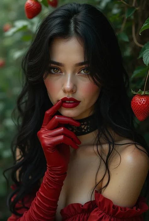 Femme brune au yeux marrons avec des gants de diables rouges et en collier avec une fraise