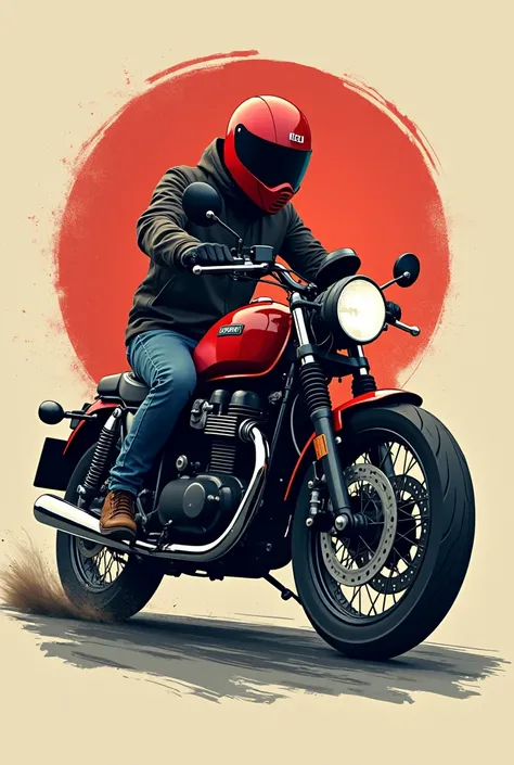 Generate a logo for a biker that says  "Saint vox biker", A RED SCRAMBLER-TYPE MOTORCYCLE COMES OUT AND THE RIDER'S HELMET IS AN ADVENTURE-TYPE RED