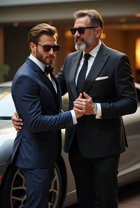  handsome millionaire man close to his expensive car and happily holding the hand of well-dressed young handsome man 