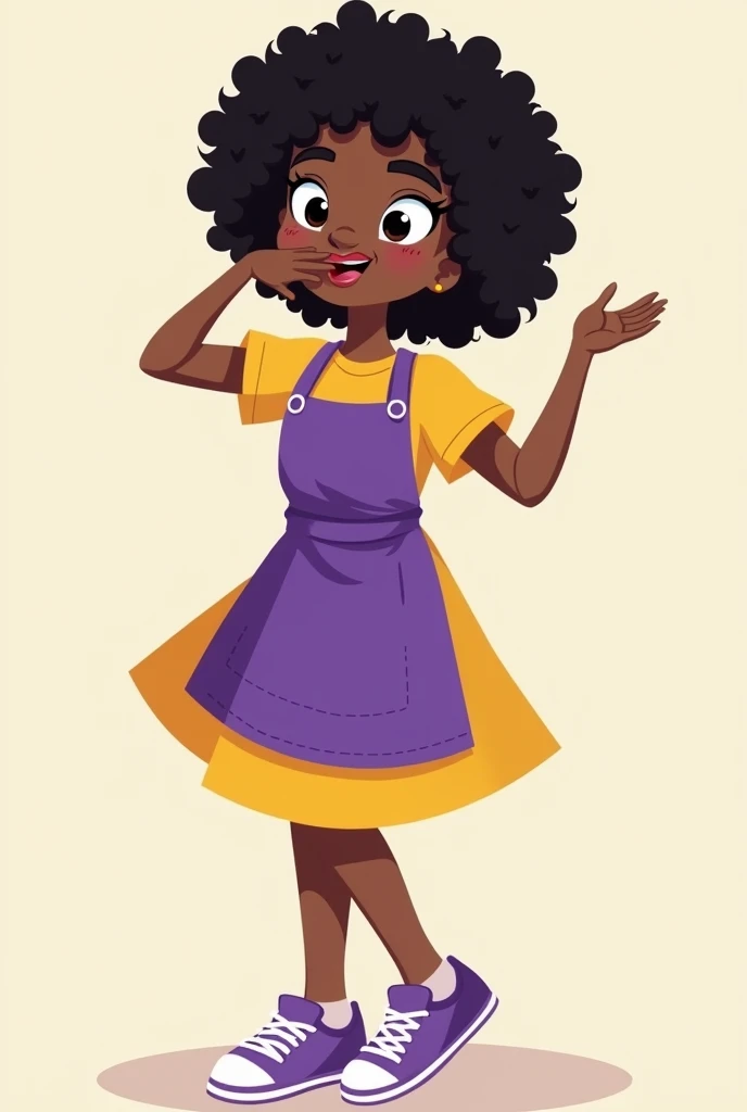 Create a black-haired young adult, short and very curly,  yellow dress and purple apron with purple and white sneakers, Do it by touching the computer with one hand and sending a kiss with the other to do it in the playful style.