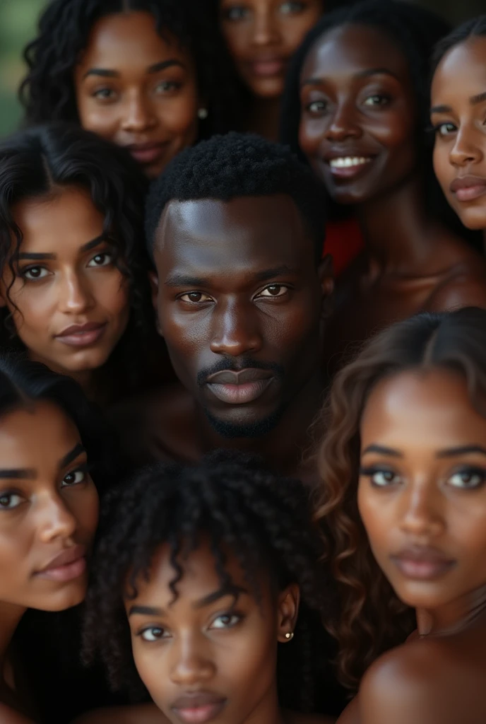 (Masterpeace, high quality, high resolution, realistic photo, photography), a dark man been surrounded by different race of women