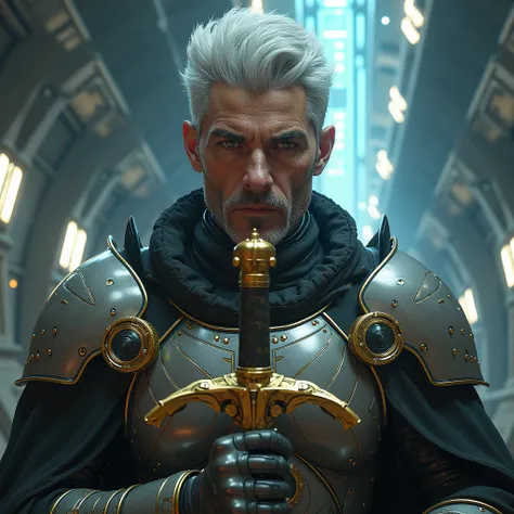 portrait of a futuristic king, sword near the face