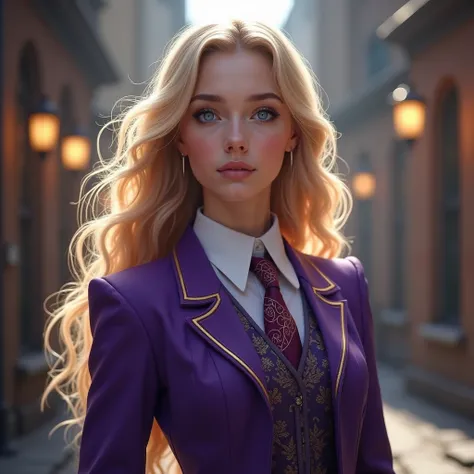 
real student in University 19 years old, female, blue eyes, white skin, blond hair, purple magic school uniform have a charisma