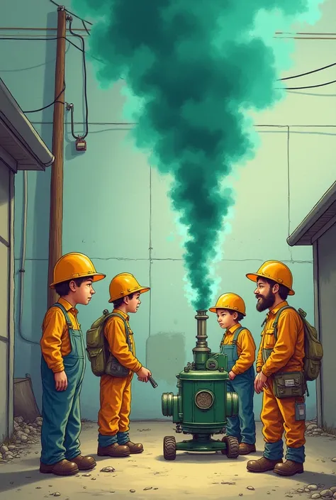 Can you draw me 5 electricians, including one with his leg in plaster, crying next to a green engine from which all green smoke comes out and next to a blue firecracker thrown by another electrician, from which comes a blue smoke that was thrown out by a l...