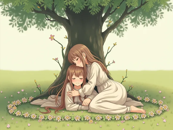 a girl lies on another girl's lap with her head to the ground by a tree, in the field, wreaths , flowers.  two girls, romance, Drawing