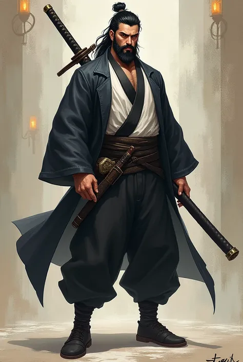 Create a new guy without a beard with a katana on his back,He has black hair and a bit big and has a half-oriental outfit