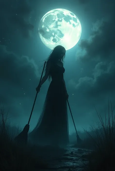 A woman sweeping under the full Moon at night something very terrifying 