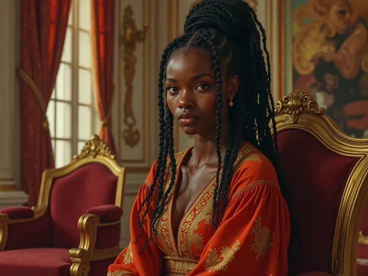 Create a landscape picture of an African young lady with braids sitting on a chair in an expensive parlour 